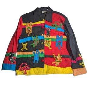 Vtg 1990s Keren Hart Black Primary Color Cat Applique Button Up Jacket Sz S